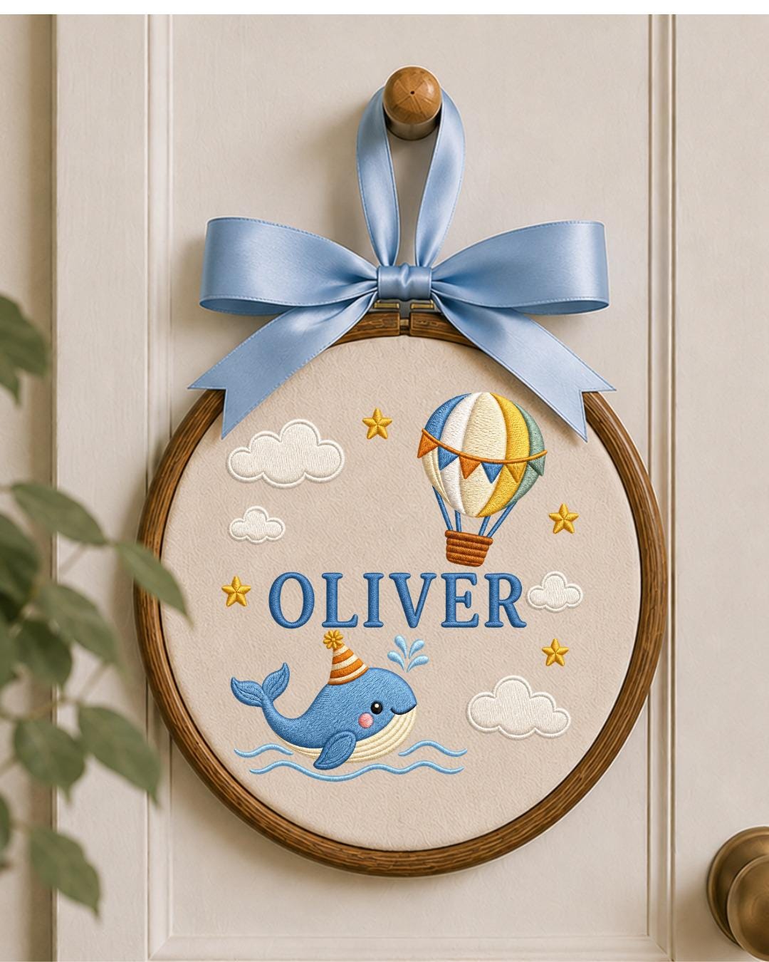 Personalized Whale Embroidered Ornament, Custom Baby Name Hoop, Hot Air Balloon Nursery Decor, Ocean Baby Gift, Newborn Keepsake