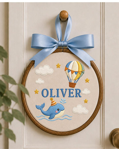 Personalized Whale Embroidered Ornament, Custom Baby Name Hoop, Hot Air Balloon Nursery Decor, Ocean Baby Gift, Newborn Keepsake