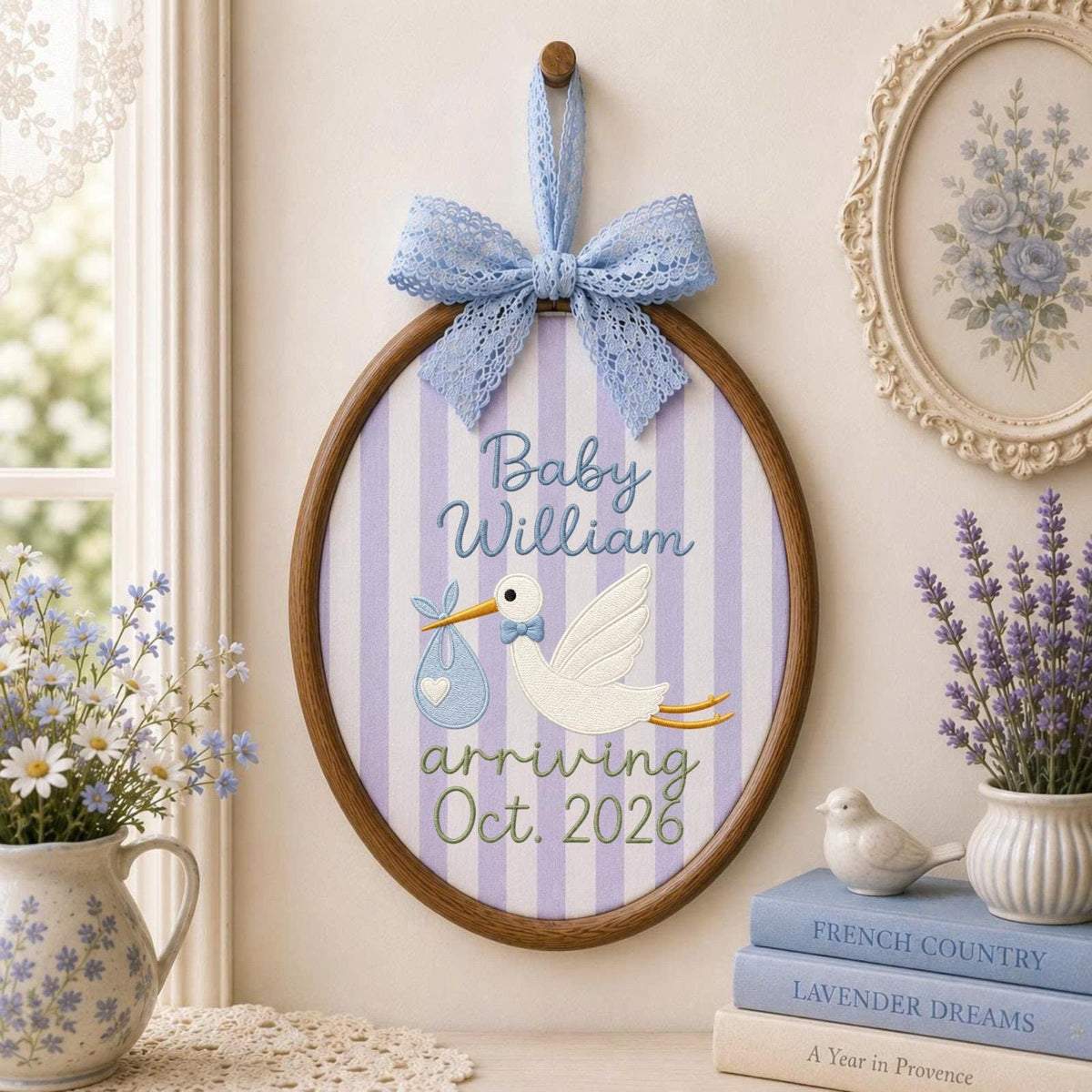 Personalized Embroidered Ornament, Stork Baby Announcement Hoop, Custom Baby Name Decor, Pregnancy Reveal Gift, Nursery Keepsake