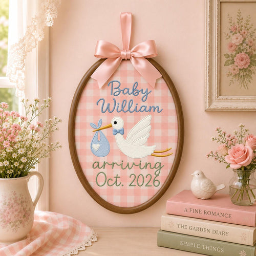 Personalized Embroidered Ornament, Stork Baby Announcement Hoop, Custom Baby Name Decor, Pregnancy Reveal Gift, Nursery Keepsake