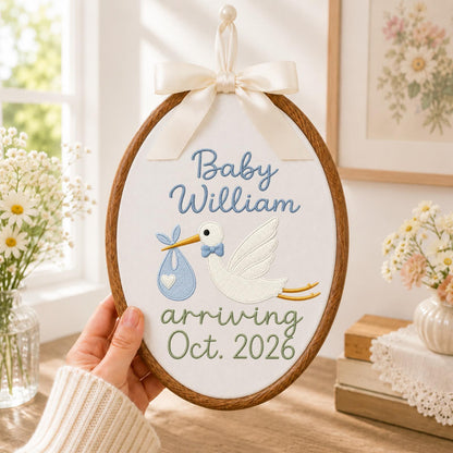 Personalized Embroidered Ornament, Stork Baby Announcement Hoop, Custom Baby Name Decor, Pregnancy Reveal Gift, Nursery Keepsake