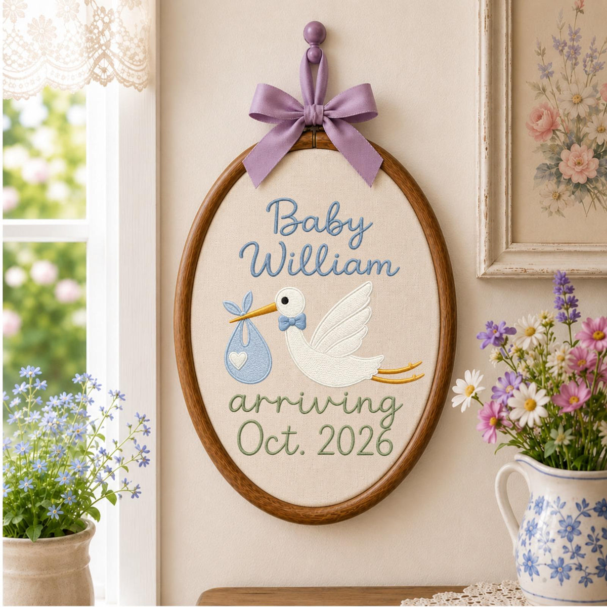 Personalized Embroidered Ornament, Stork Baby Announcement Hoop, Custom Baby Name Decor, Pregnancy Reveal Gift, Nursery Keepsake