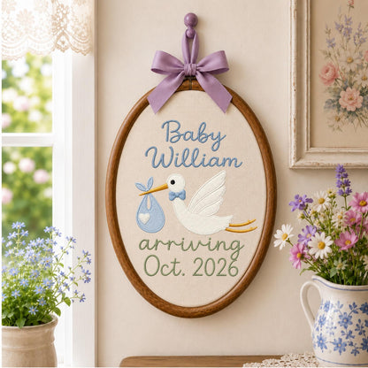 Personalized Embroidered Ornament, Stork Baby Announcement Hoop, Custom Baby Name Decor, Pregnancy Reveal Gift, Nursery Keepsake