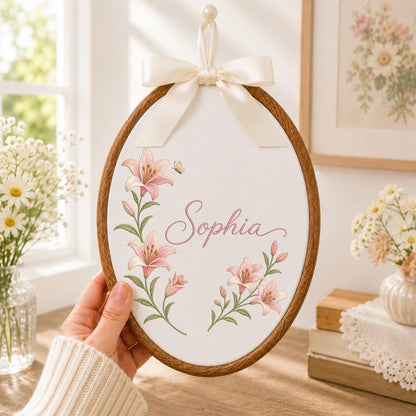 Personalized Embroidered Ornament, Custom Name Lily Flower Ornament, Floral Nursery Decor, Personalized Baby Girl Gift, Birth Keepsake