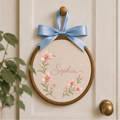 Personalized Embroidered Ornament, Custom Name Lily Flower Ornament, Floral Nursery Decor, Personalized Baby Girl Gift, Birth Keepsake