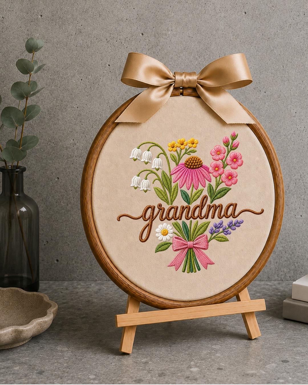 Personalized Grandma Ornament, Floral Embroidered Christmas Ornament, Custom Grandmother Gift, Handmade Embroidery Hoop, Mother's Day Gift