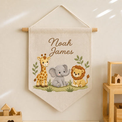 Personalized Embroidered Safari Animals Wall Hanging Banner, Custom Baby Name Sign, Jungle Nursery Decor, Baby Shower Gift