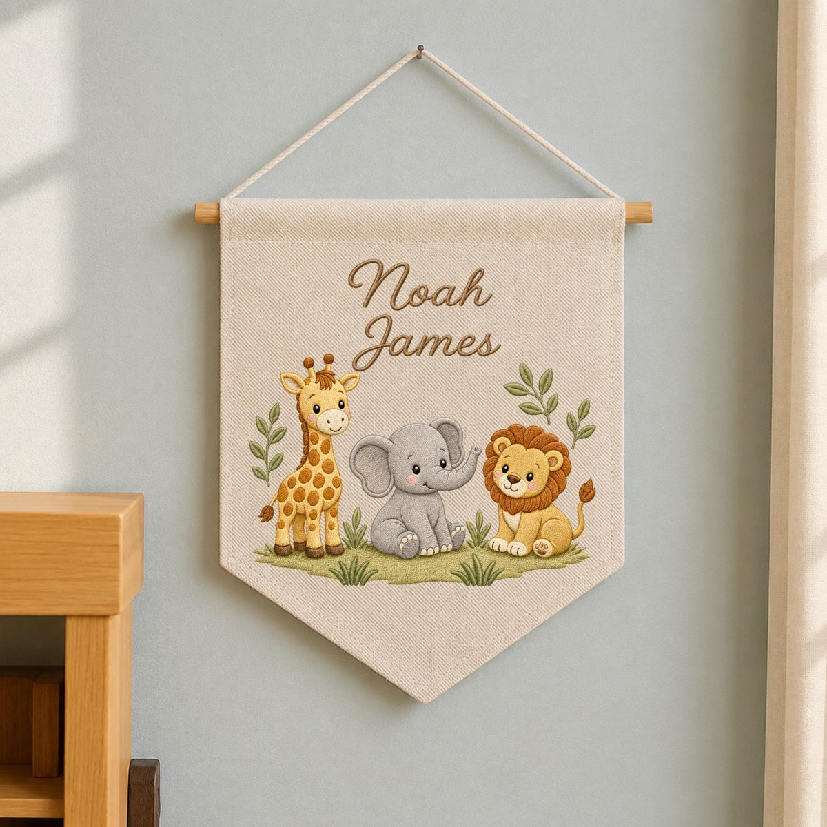 Personalized Embroidered Safari Animals Wall Hanging Banner, Custom Baby Name Sign, Jungle Nursery Decor, Baby Shower Gift
