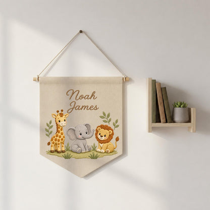 Personalized Embroidered Safari Animals Wall Hanging Banner, Custom Baby Name Sign, Jungle Nursery Decor, Baby Shower Gift