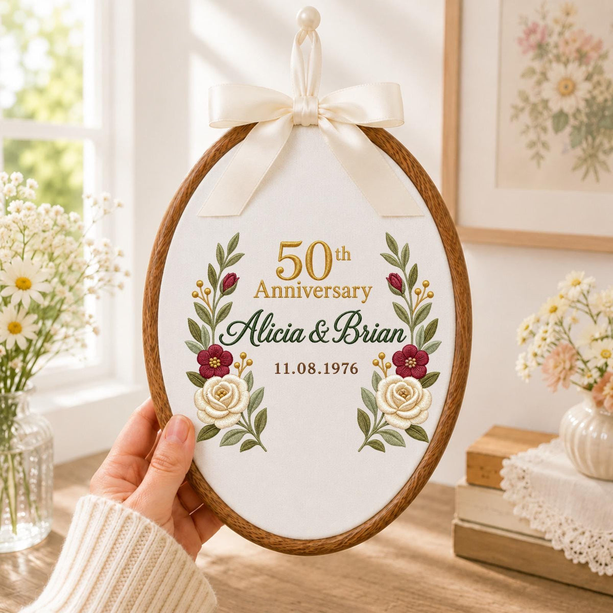 Personalized Embroidered Ornament, 50th Wedding Anniversary Gift, Custom Couple Names Ornament, Golden Anniversary Keepsake, Floral Decor