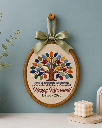 Personalized Retirement Embroidered Ornament, Custom Tree of Life Retirement Gift, Happy Retirement Keepsake, Coworker Farewell Gift