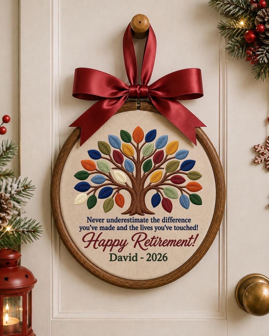 Personalized Retirement Embroidered Ornament, Custom Tree of Life Retirement Gift, Happy Retirement Keepsake, Coworker Farewell Gift