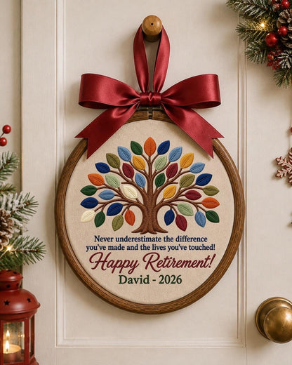 Personalized Retirement Embroidered Ornament, Custom Tree of Life Retirement Gift, Happy Retirement Keepsake, Coworker Farewell Gift