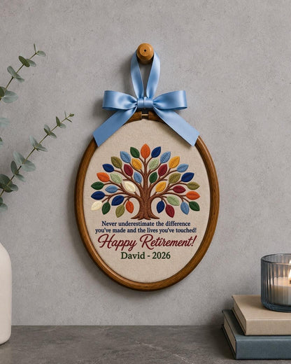 Personalized Retirement Embroidered Ornament, Custom Tree of Life Retirement Gift, Happy Retirement Keepsake, Coworker Farewell Gift