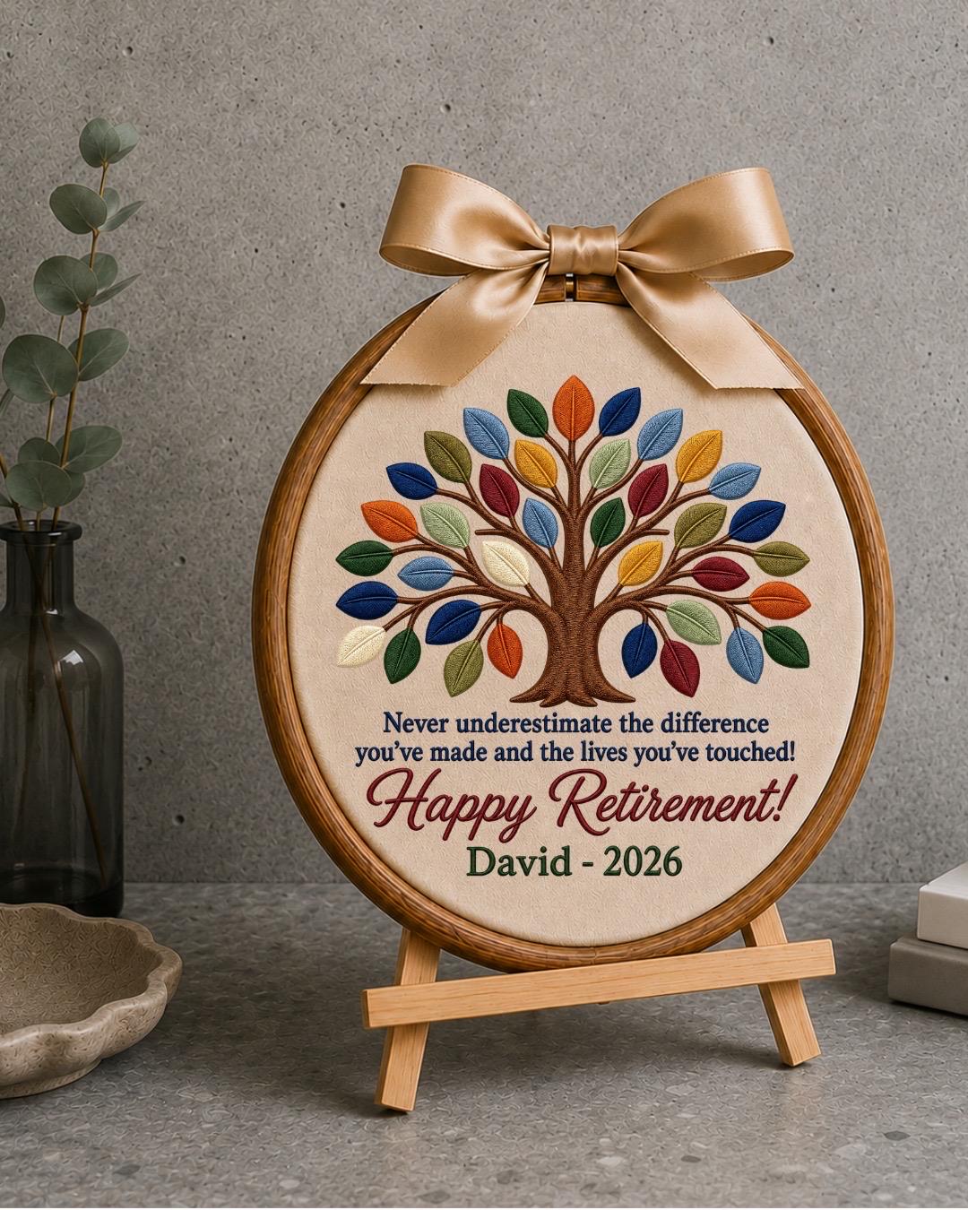 Personalized Retirement Embroidered Ornament, Custom Tree of Life Retirement Gift, Happy Retirement Keepsake, Coworker Farewell Gift