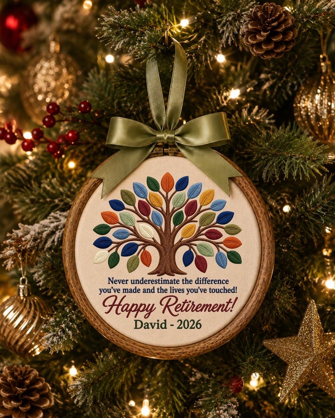 Personalized Retirement Embroidered Ornament, Custom Tree of Life Retirement Gift, Happy Retirement Keepsake, Coworker Farewell Gift