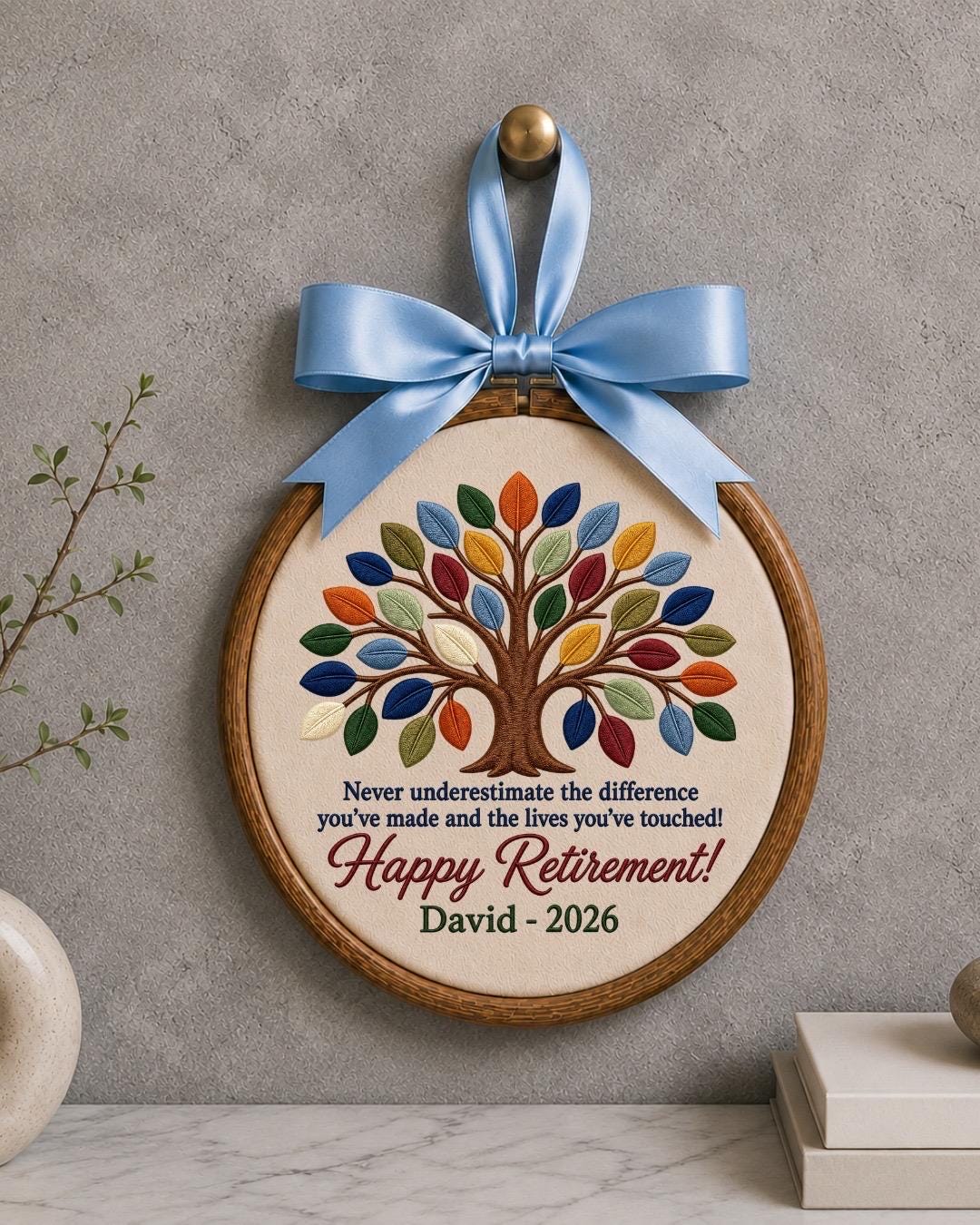 Personalized Retirement Embroidered Ornament, Custom Tree of Life Retirement Gift, Happy Retirement Keepsake, Coworker Farewell Gift