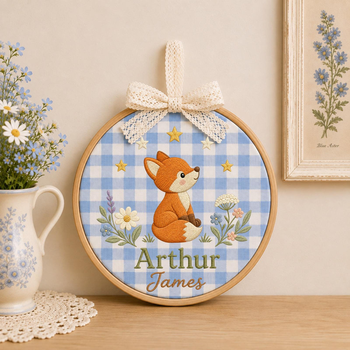 Personalized Embroidered Ornament, Woodland Fox Name Hoop, Custom Baby Boy Nursery Decor, Forest Animal Baby Shower Gift, Newborn Keepsake