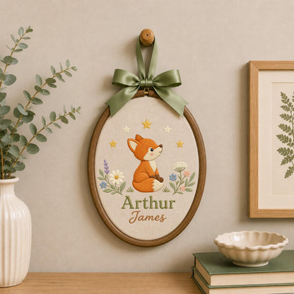 Personalized Embroidered Ornament, Woodland Fox Name Hoop, Custom Baby Boy Nursery Decor, Forest Animal Baby Shower Gift, Newborn Keepsake