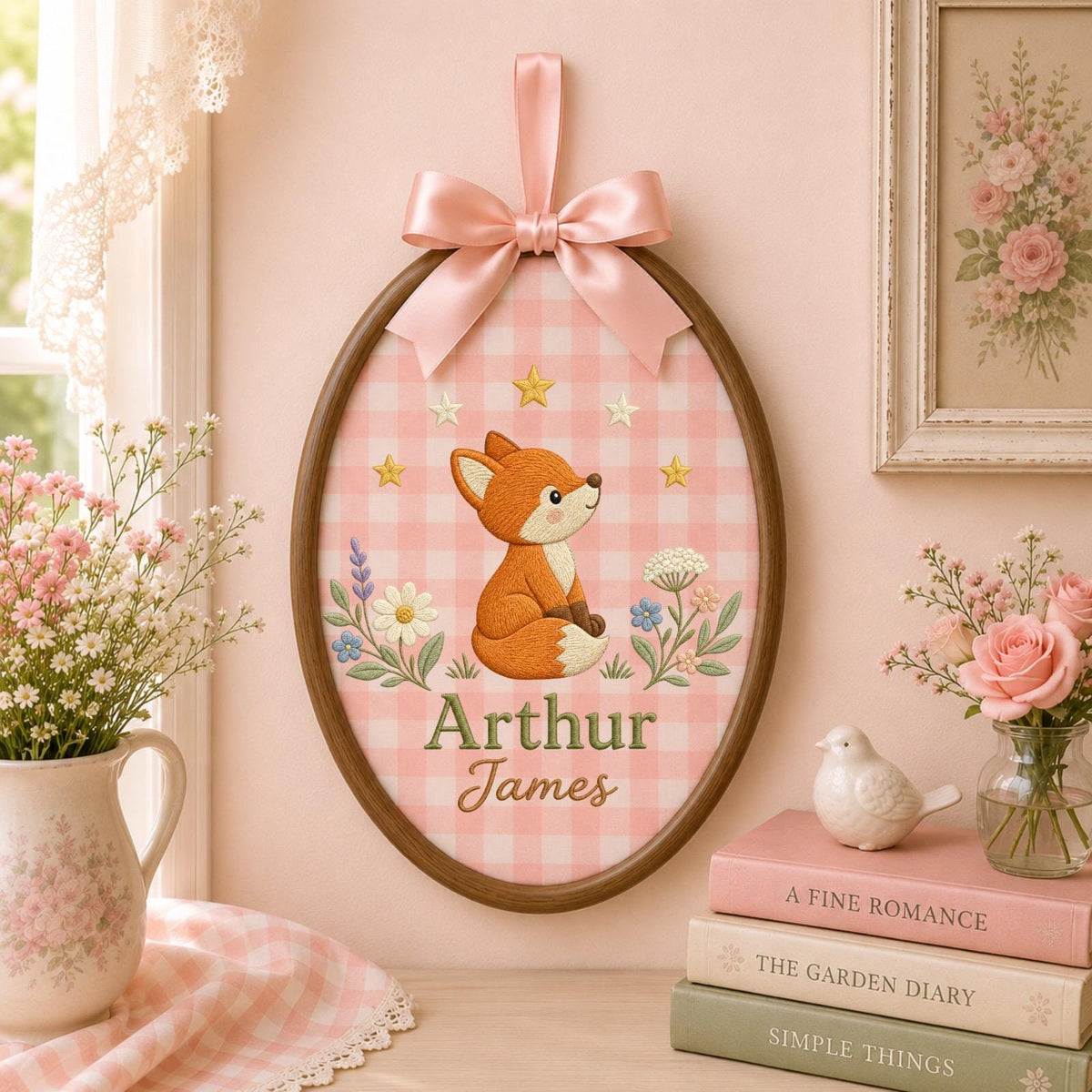 Personalized Embroidered Ornament, Woodland Fox Name Hoop, Custom Baby Boy Nursery Decor, Forest Animal Baby Shower Gift, Newborn Keepsake