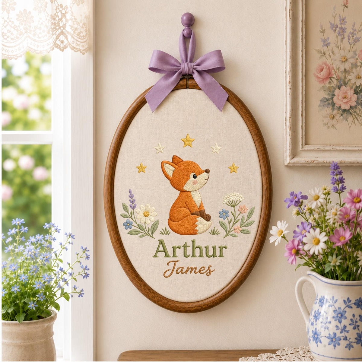 Personalized Embroidered Ornament, Woodland Fox Name Hoop, Custom Baby Boy Nursery Decor, Forest Animal Baby Shower Gift, Newborn Keepsake