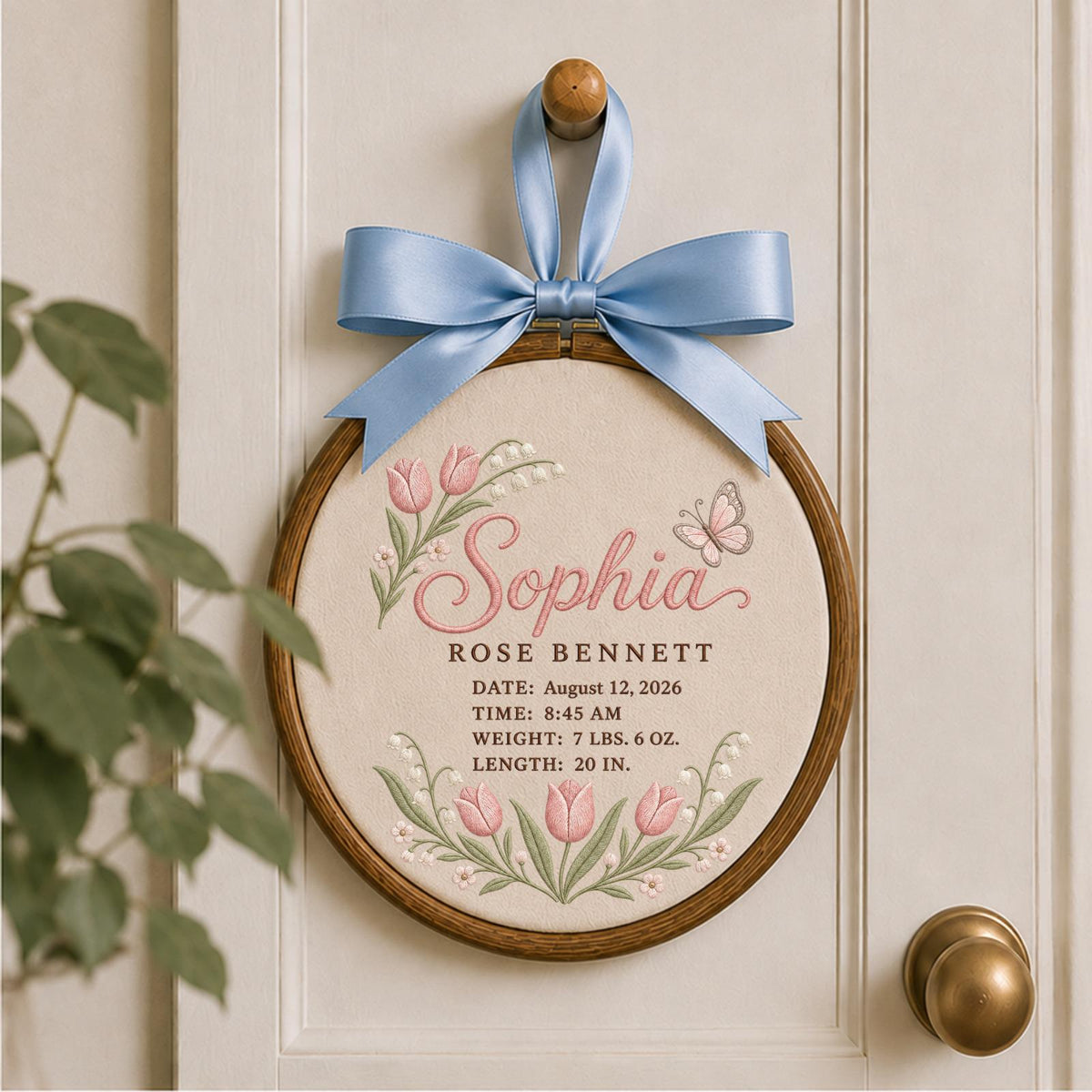 Personalized Embroidered Ornament, Custom Baby Birth Stats Ornament, Newborn Girl Keepsake, Floral Nursery Decor, Baby Shower Gift