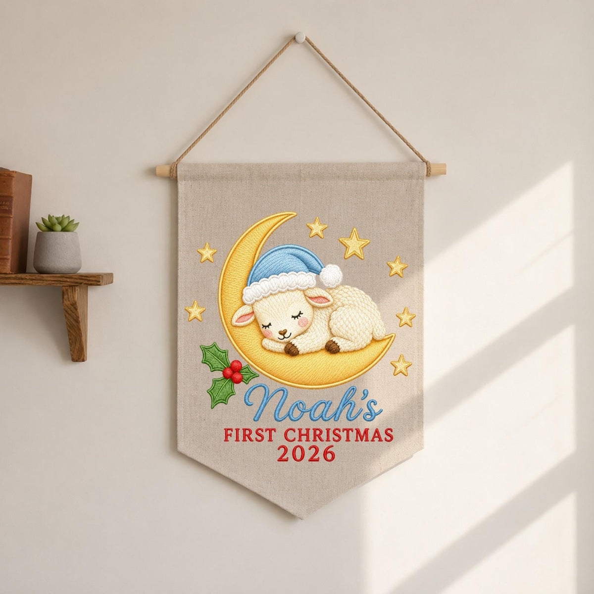 Personalized Embroidered First Christmas Wall Hanging Banner, Custom Baby Name Sign, Sleeping Lamb Nursery Decor, Christmas Gift 2026