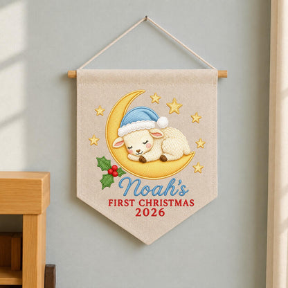 Personalized Embroidered First Christmas Wall Hanging Banner, Custom Baby Name Sign, Sleeping Lamb Nursery Decor, Christmas Gift 2026