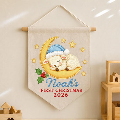 Personalized Embroidered First Christmas Wall Hanging Banner, Custom Baby Name Sign, Sleeping Lamb Nursery Decor, Christmas Gift 2026