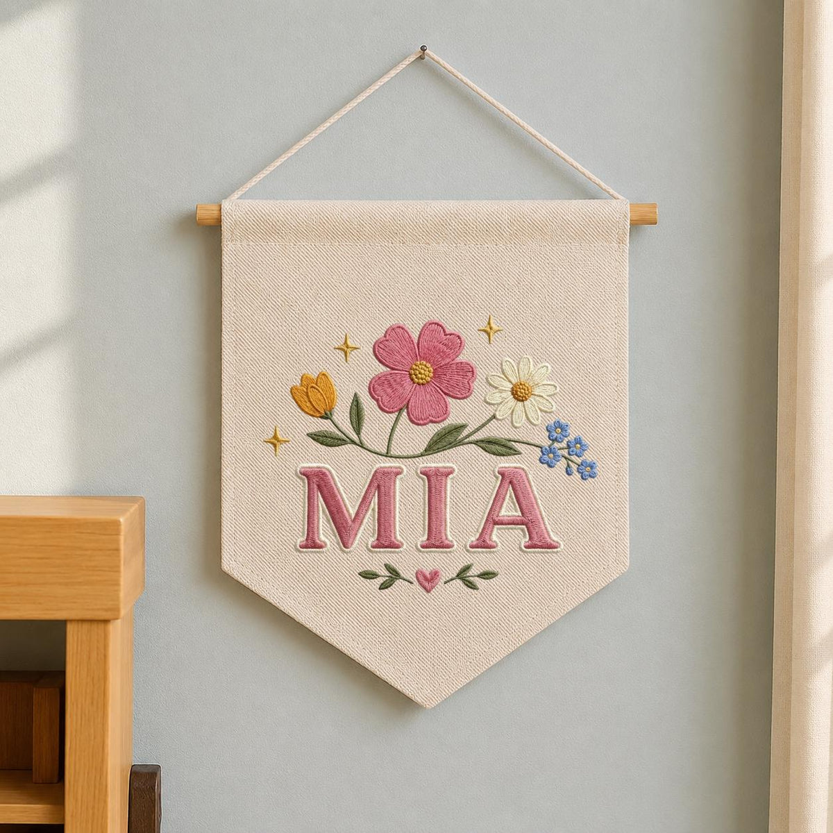 Personalized Embroidered Wildflower Banner, Custom Name Baby Girl Wall Hanging