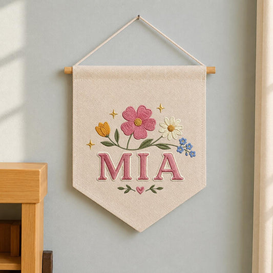 Personalized Embroidered Wildflower Banner, Custom Name Baby Girl Wall Hanging