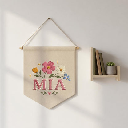 Personalized Embroidered Wildflower Banner, Custom Name Baby Girl Wall Hanging