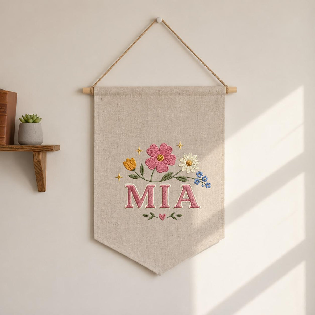 Personalized Embroidered Wildflower Banner, Custom Name Baby Girl Wall Hanging