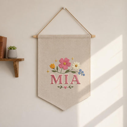 Personalized Embroidered Wildflower Banner, Custom Name Baby Girl Wall Hanging