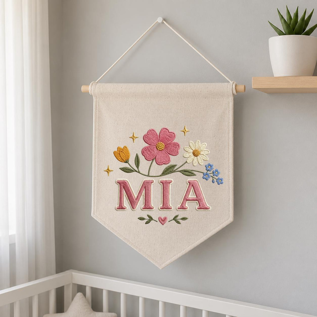 Personalized Embroidered Wildflower Banner, Custom Name Baby Girl Wall Hanging