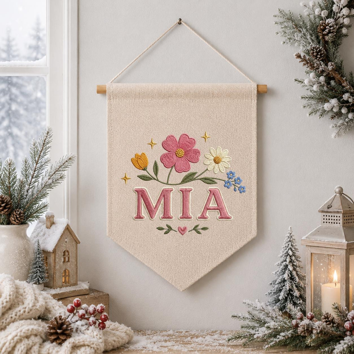 Personalized Embroidered Wildflower Banner, Custom Name Baby Girl Wall Hanging