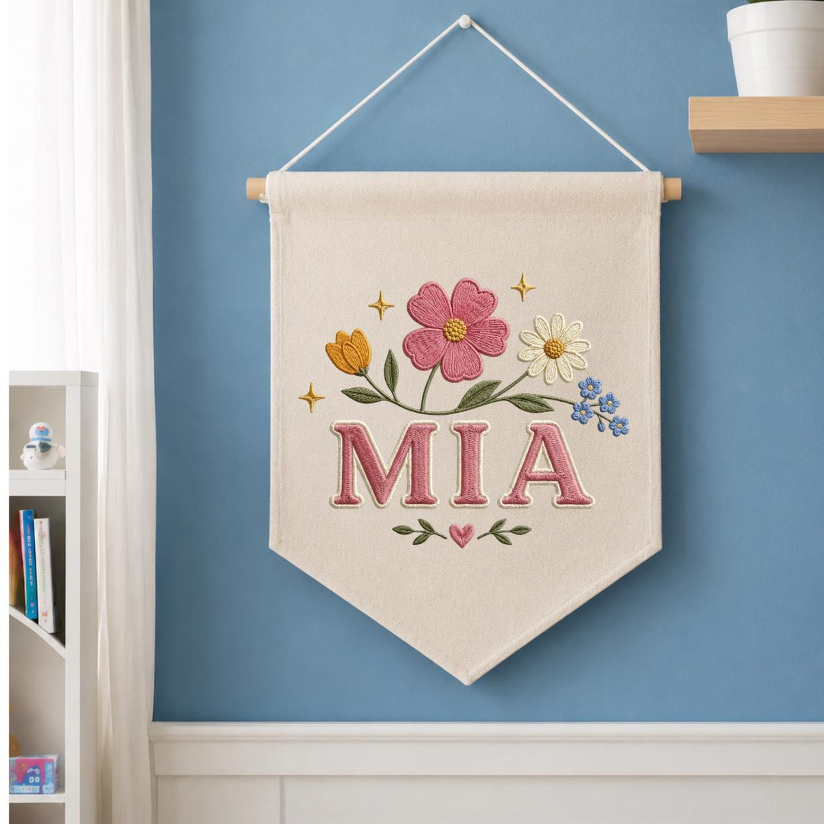 Personalized Embroidered Wildflower Banner, Custom Name Baby Girl Wall Hanging