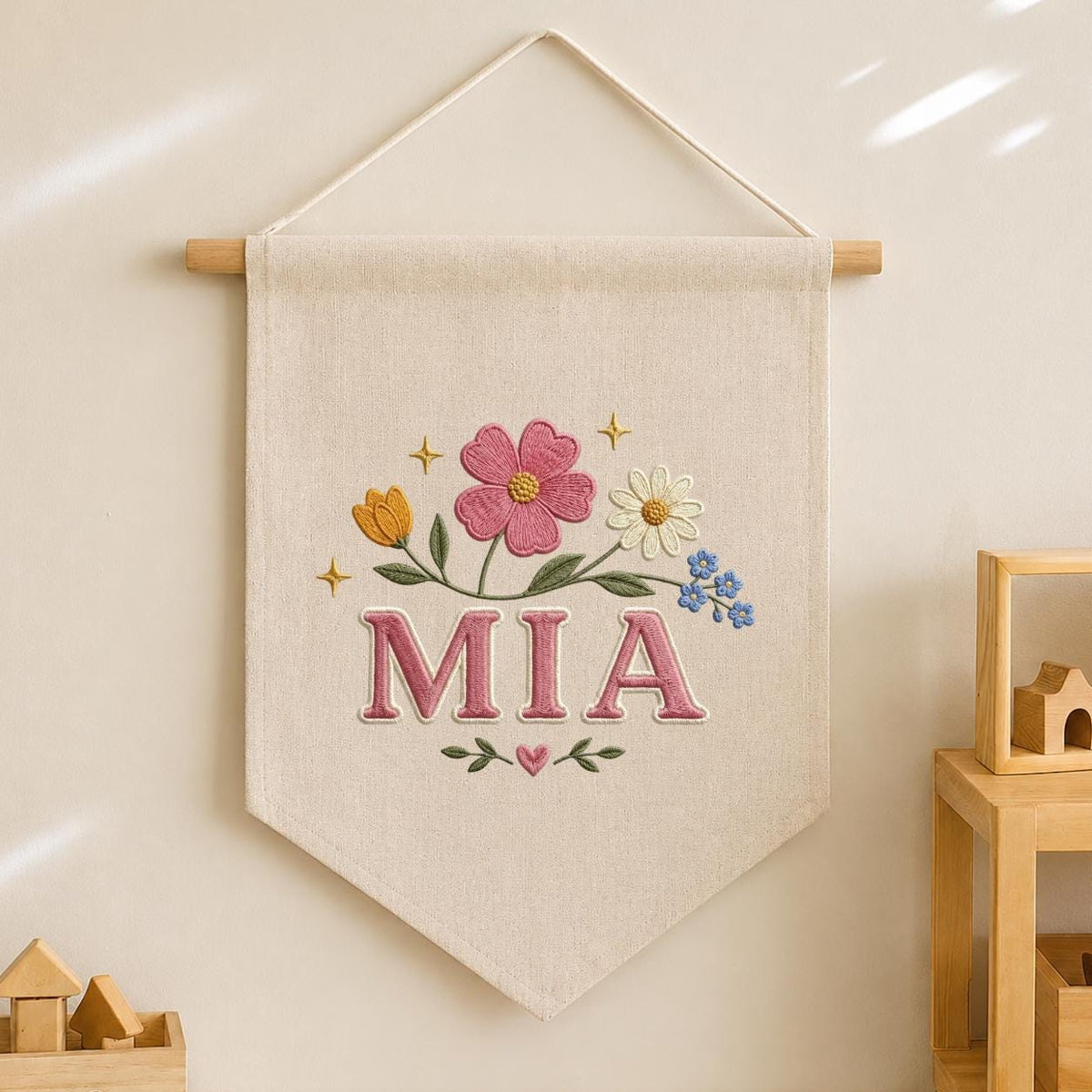 Personalized Embroidered Wildflower Banner, Custom Name Baby Girl Wall Hanging