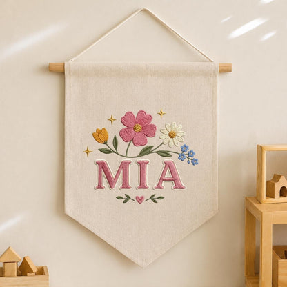Personalized Embroidered Wildflower Banner, Custom Name Baby Girl Wall Hanging