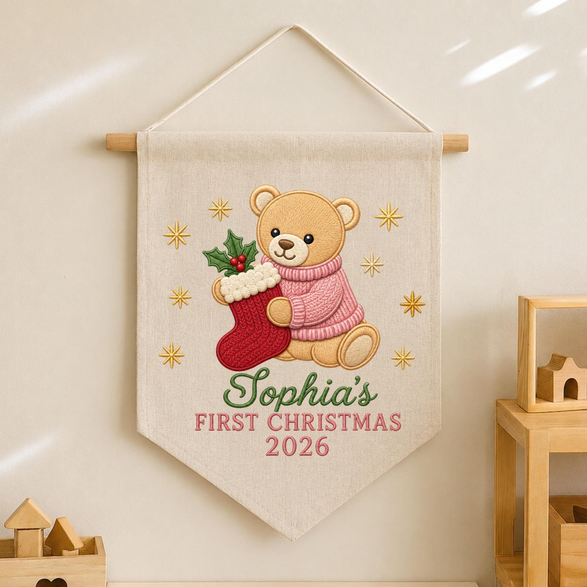 Personalized Embroidered First Christmas Wall Hanging Banner, Custom Baby Name Sign, Teddy Bear Nursery Decor, Christmas Gift 2026
