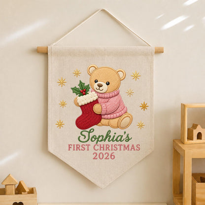 Personalized Embroidered First Christmas Wall Hanging Banner, Custom Baby Name Sign, Teddy Bear Nursery Decor, Christmas Gift 2026