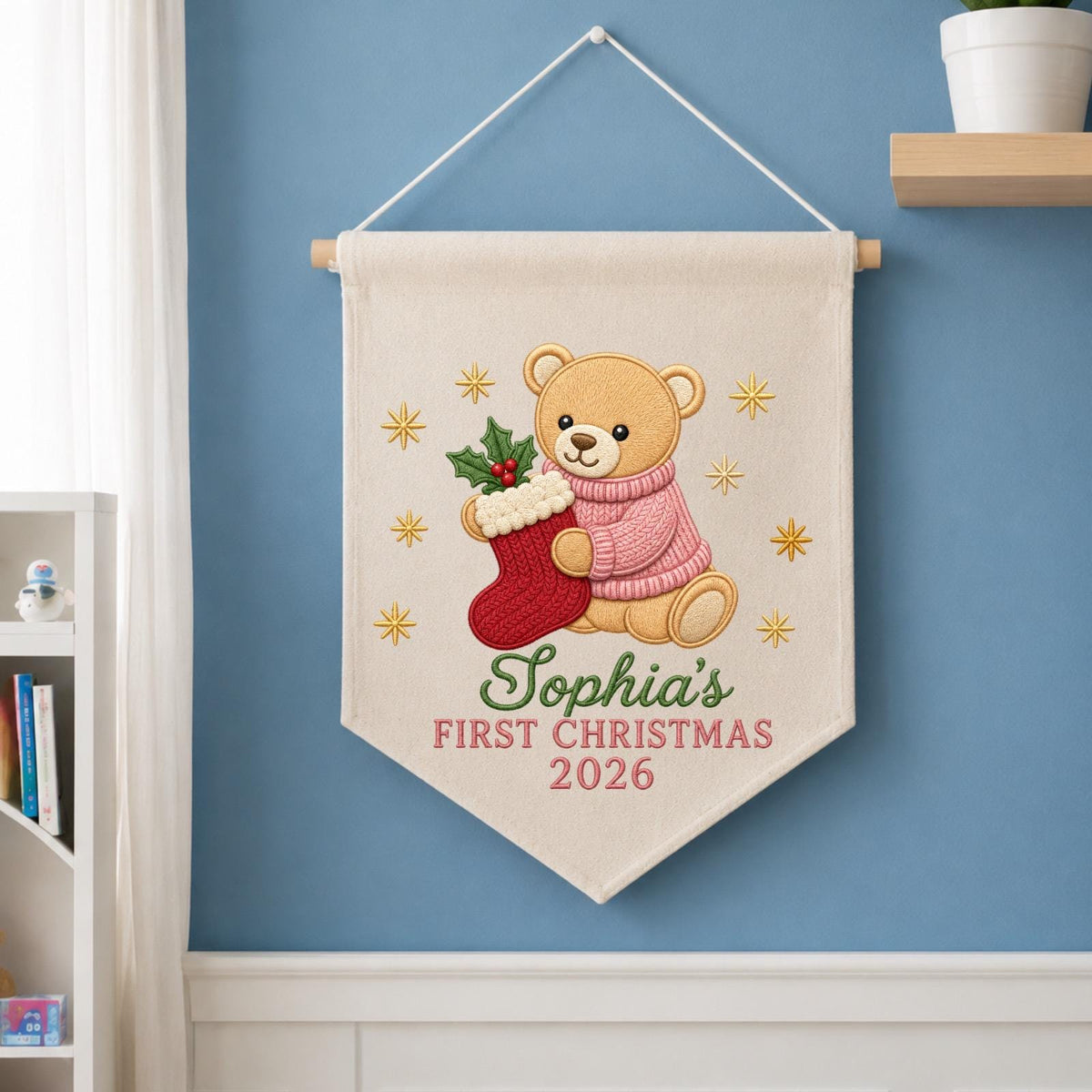 Personalized Embroidered First Christmas Wall Hanging Banner, Custom Baby Name Sign, Teddy Bear Nursery Decor, Christmas Gift 2026