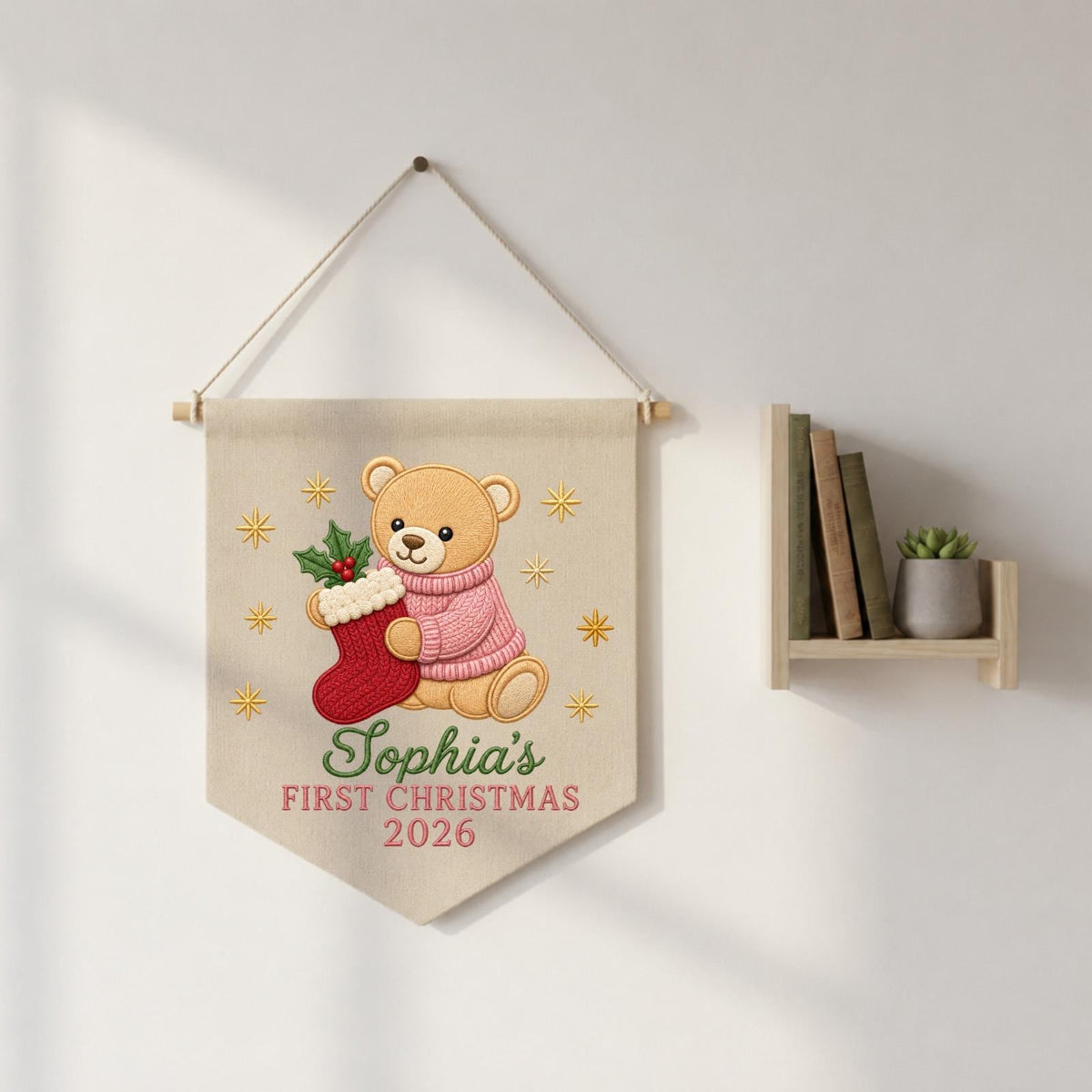 Personalized Embroidered First Christmas Wall Hanging Banner, Custom Baby Name Sign, Teddy Bear Nursery Decor, Christmas Gift 2026