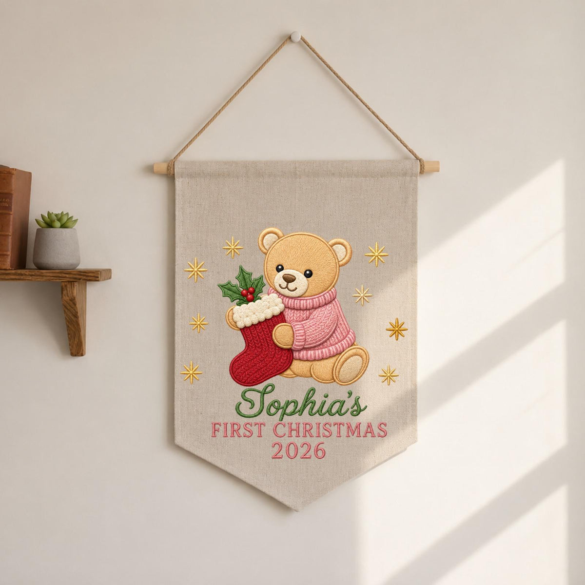 Personalized Embroidered First Christmas Wall Hanging Banner, Custom Baby Name Sign, Teddy Bear Nursery Decor, Christmas Gift 2026