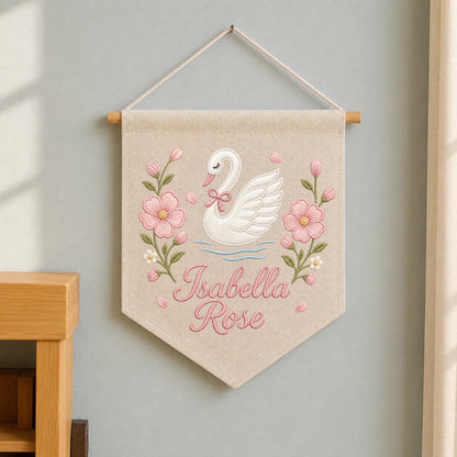 Personalized Embroidered Swan Wall Hanging Banner, Custom Baby Name Sign, Floral Girl Nursery Decor, Baby Shower Gift, Kids Room Decor