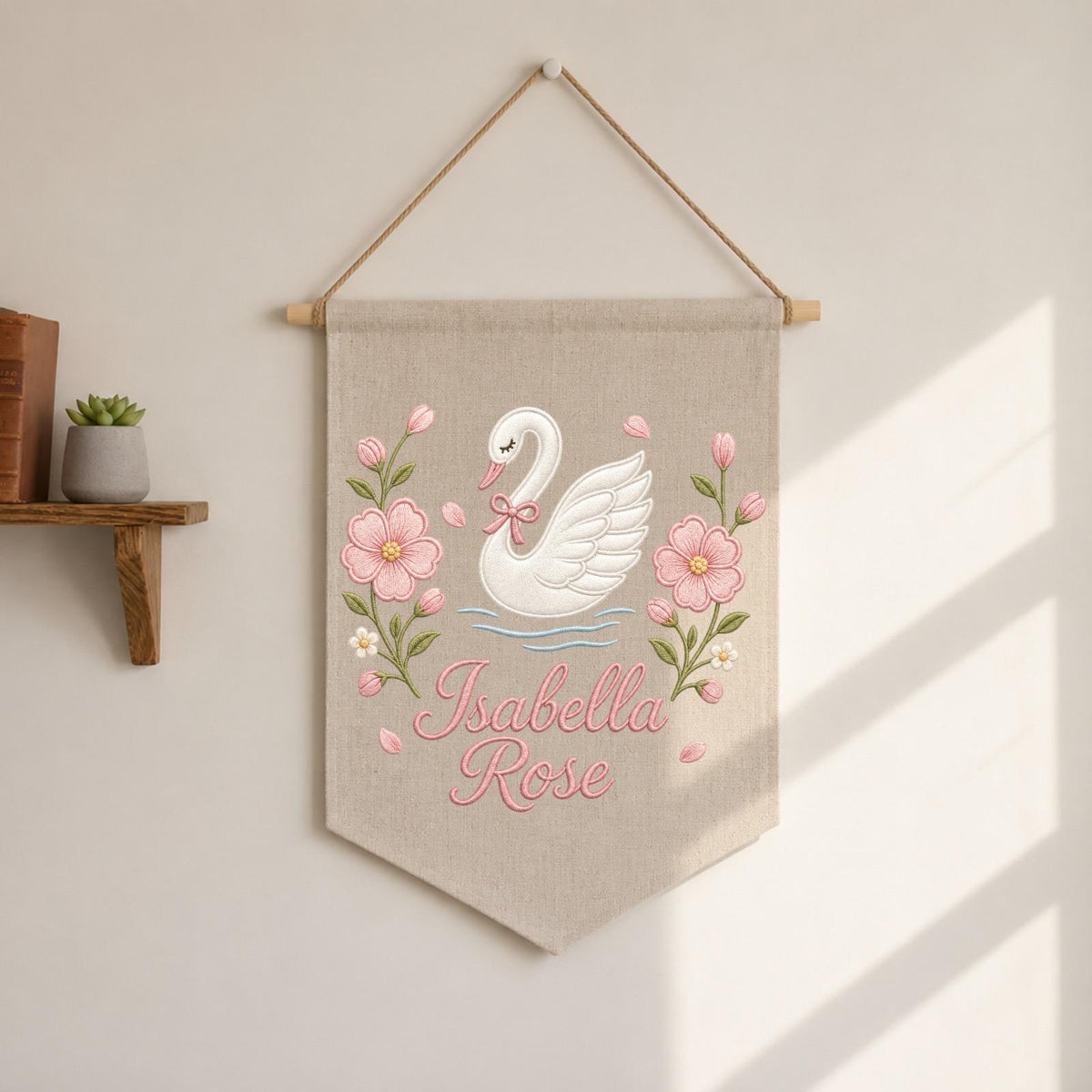 Personalized Embroidered Swan Wall Hanging Banner, Custom Baby Name Sign, Floral Girl Nursery Decor, Baby Shower Gift, Kids Room Decor