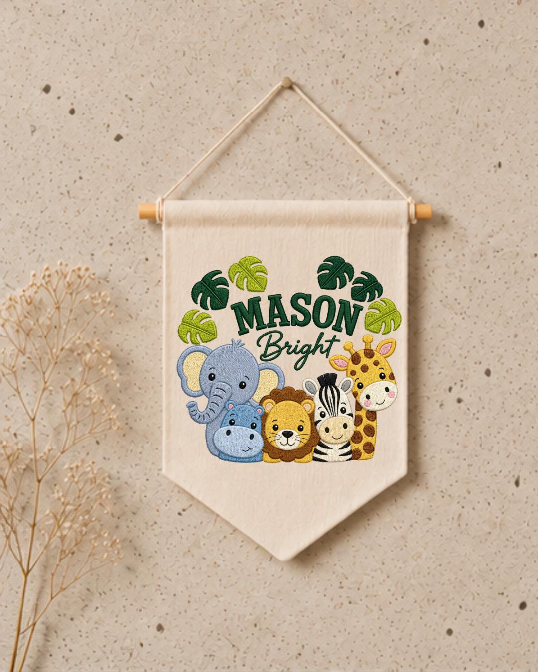 Personalized Safari Animal Wall Hanging, Custom Name Embroidered Banner, Jungle Nursery Decor, Baby Boy Room Gift, Zoo Animal Nursery Art