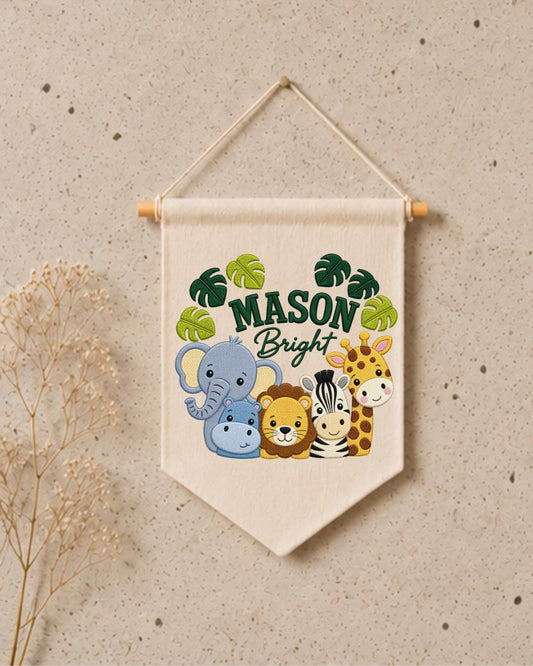 Personalized Safari Animal Wall Hanging, Custom Name Embroidered Banner, Jungle Nursery Decor, Baby Boy Room Gift, Zoo Animal Nursery Art