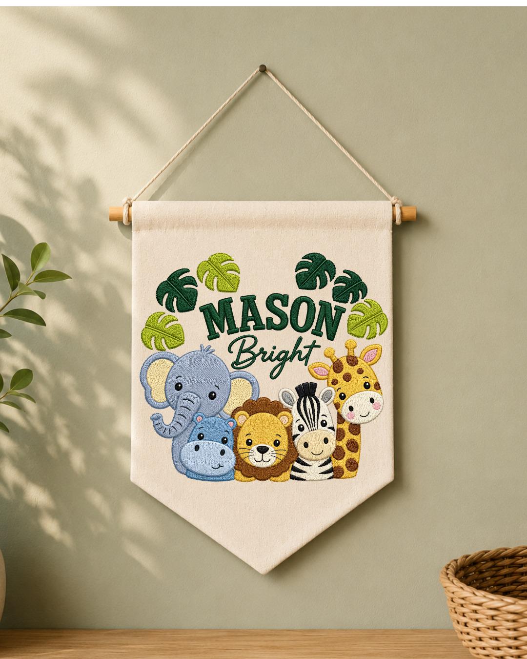 Personalized Safari Animal Wall Hanging, Custom Name Embroidered Banner, Jungle Nursery Decor, Baby Boy Room Gift, Zoo Animal Nursery Art