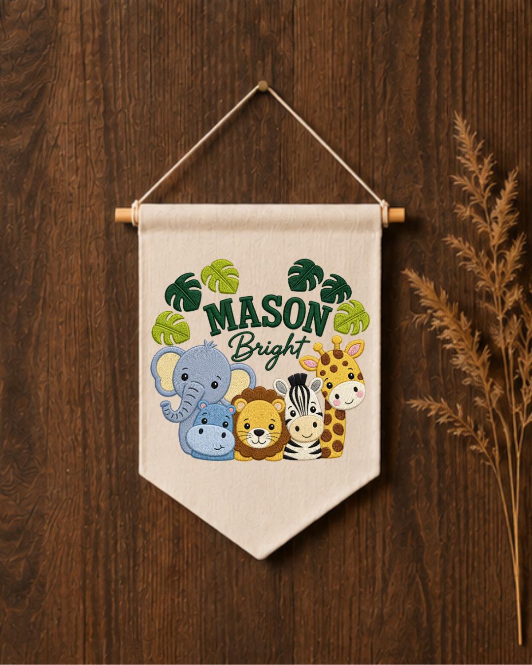 Personalized Safari Animal Wall Hanging, Custom Name Embroidered Banner, Jungle Nursery Decor, Baby Boy Room Gift, Zoo Animal Nursery Art